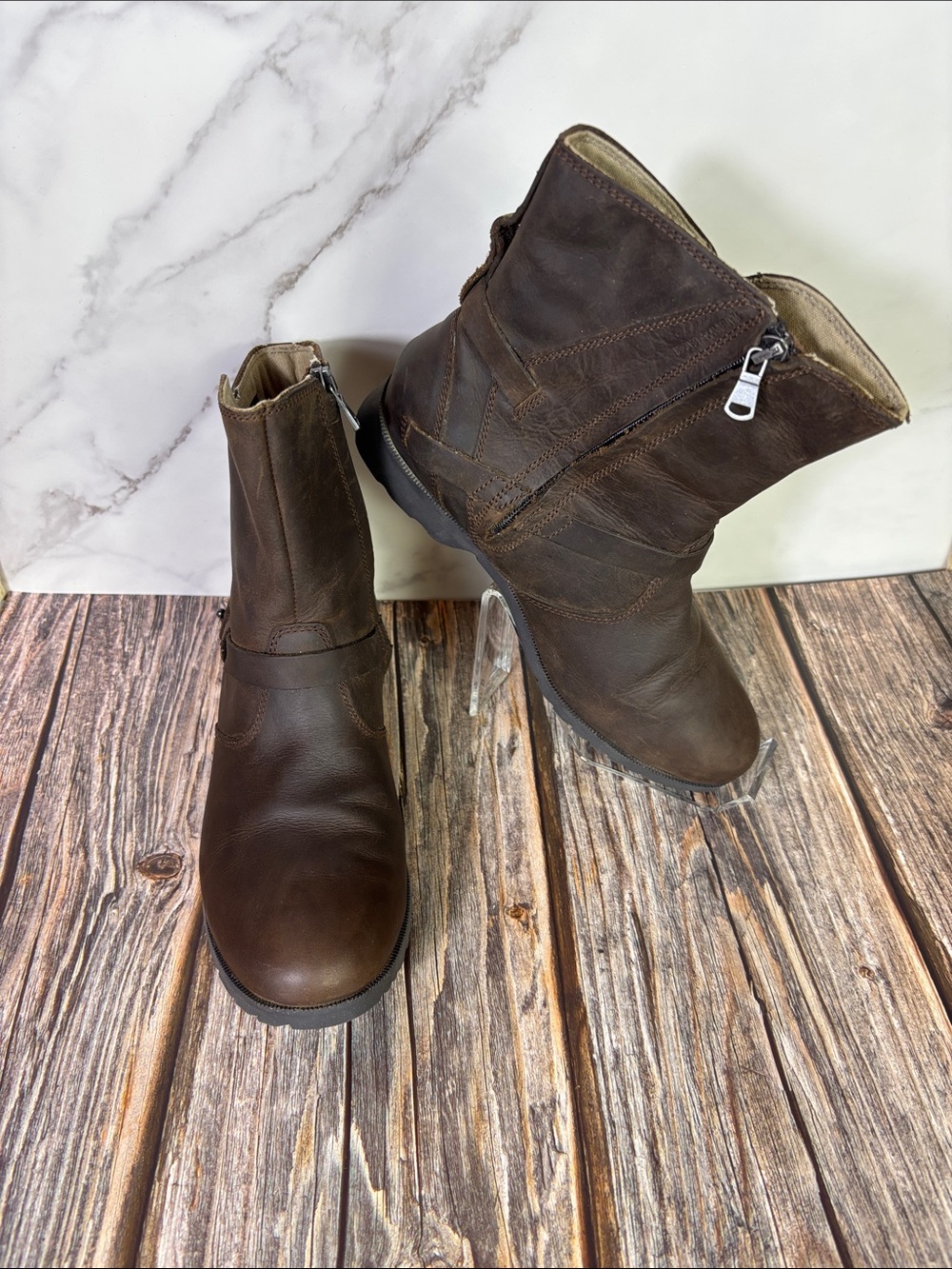 Teva De La Vina Low Leather Riding Boots Brown Womens 8 Moto Waterproof Side Zip